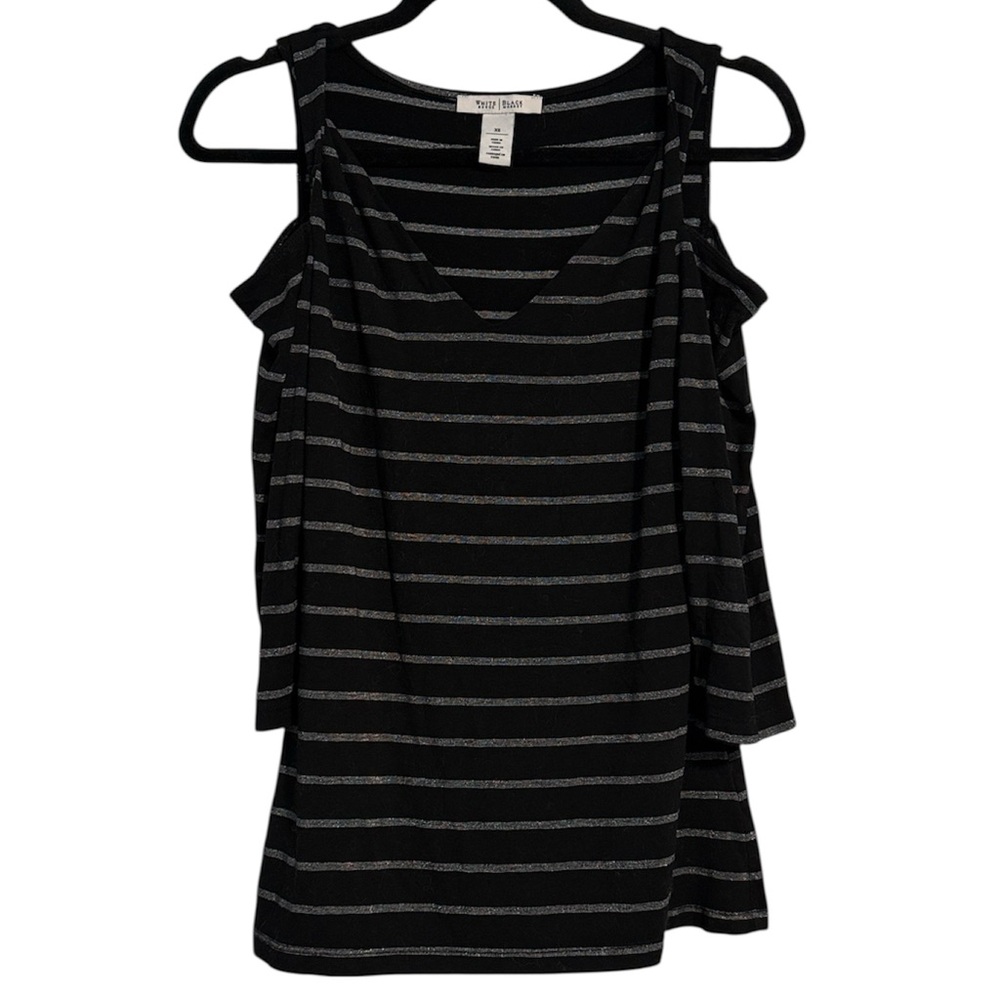 🌻 White House Black Market Black and Silver Striped Cold Shoulder 3/4 Sleeve Top